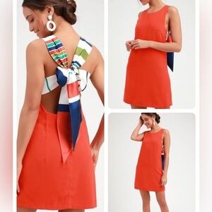 NWT Lulus Orange Red Open Back Scarf Tie Mini Dress Sleeveless Striped Back S